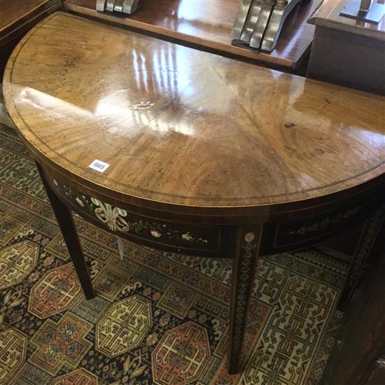 George III mahogany demi-lune card table (later decorated)